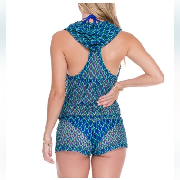 Luli Fama Hoodie Romper in Blue Kiss Peacock Pattern Women’s XSmall NWT - Picture 2 of 11